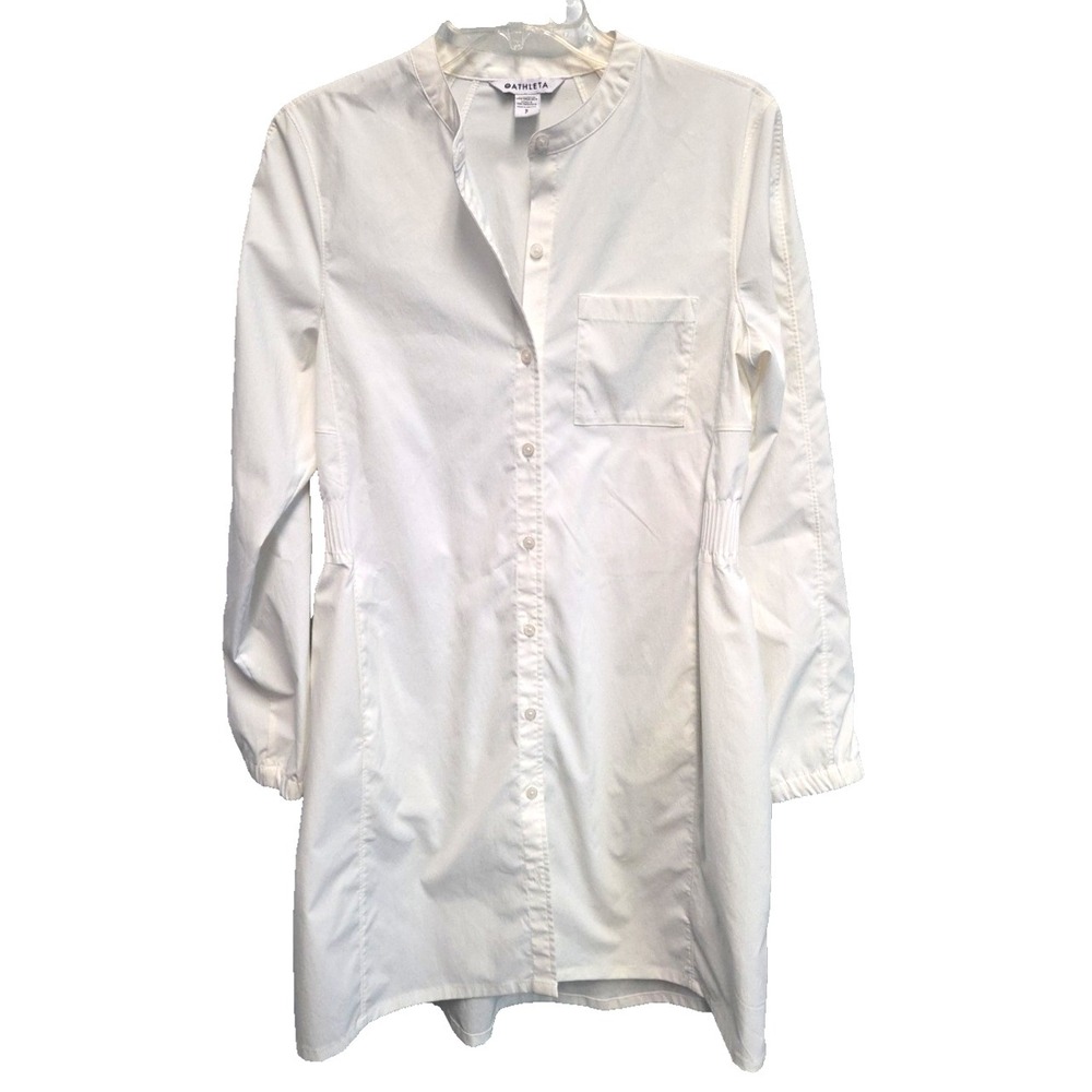 ATHLETA Sz S White Cinched Waist long Sleeve Performance Poplin Midi Shirt Dress